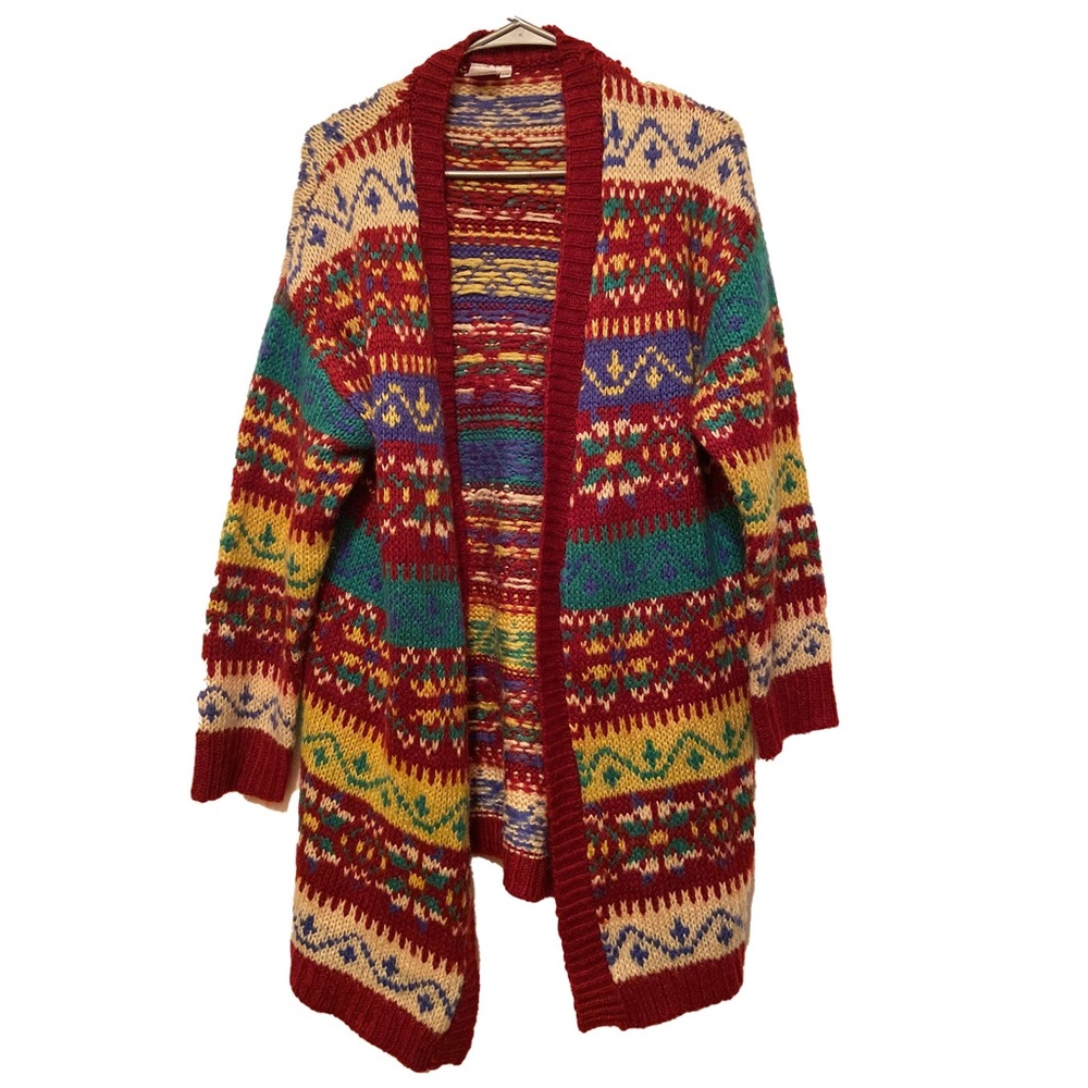 Knitted long multicolored bohemian cardigan sweater